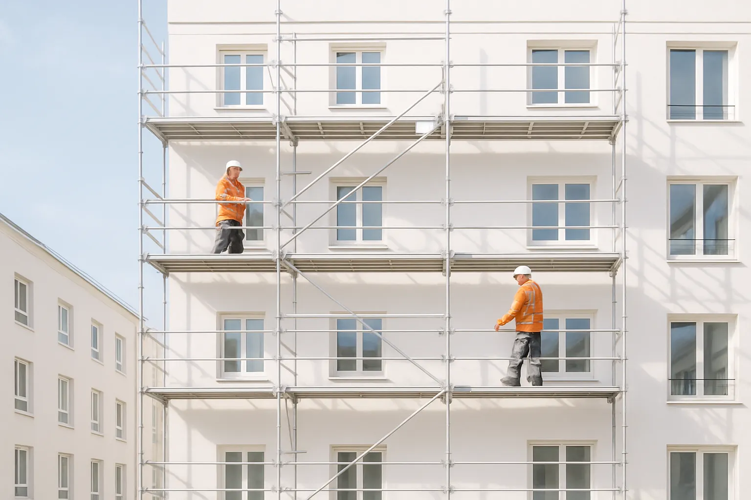 Gevelsteiger aan een modern gebouw met monteurs aan het werk